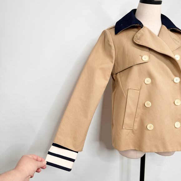 J. Crew Womens Crop Trench Coat Size 2 Tan Blue Nautical Preppy Jacket Stripes - Picture 3 of 16
